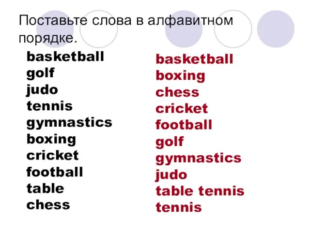 Поставьте слова в алфавитном порядке. basketball golf judo tennis gymnastics boxing cricket