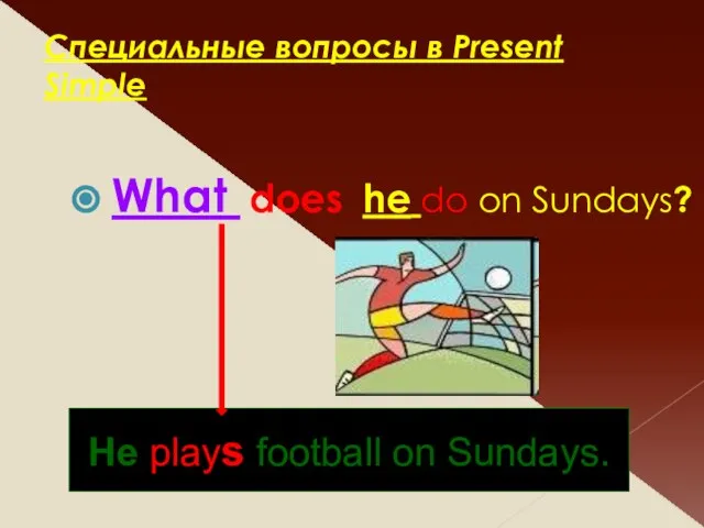 Специальные вопросы в Present Simple What does he do on Sundays? He plays football on Sundays.