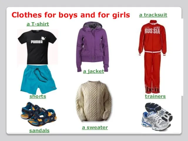 Clothes for boys and for girls a T-shirt shorts a jacket a