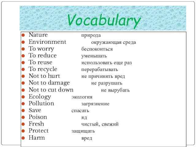 Vocabulary Nature природа Environment окружающая среда To worry беспокоиться To reduce уменьшать