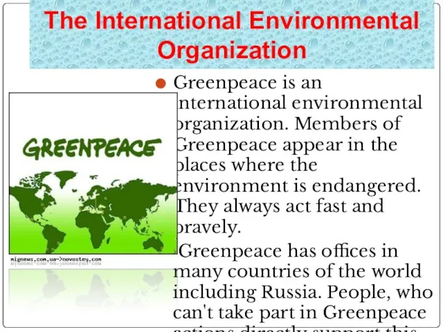 The International Environmental Organization Greenpeace is an international environmental organization. Members of