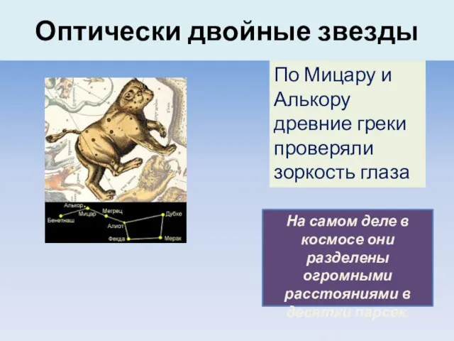 Оптически двойные звезды По Мицару и Алькору древние греки проверяли зоркость глаза