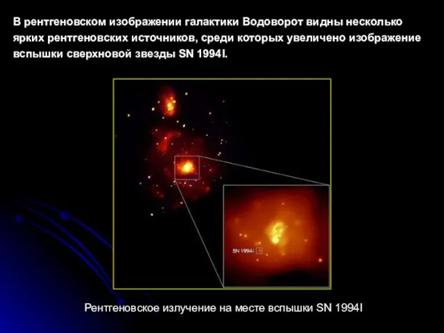 В рентгеновском изображении галактики Водоворот видны несколько ярких рентгеновских источников, среди которых
