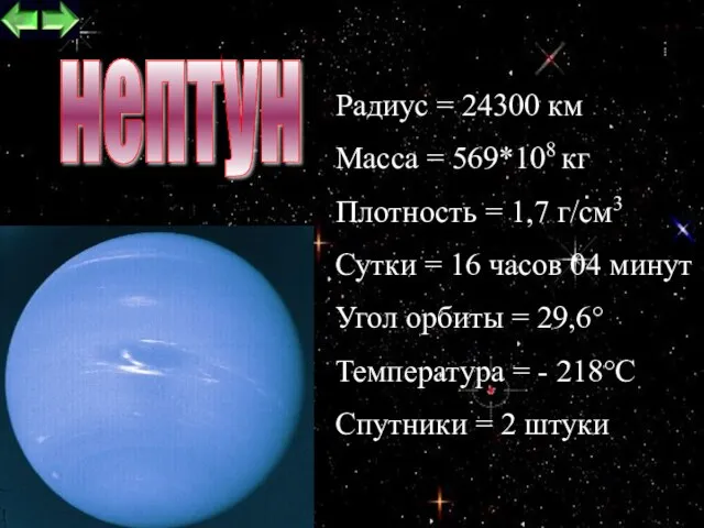 Радиус = 24300 км Масса = 569*108 кг Плотность = 1,7 г/см3