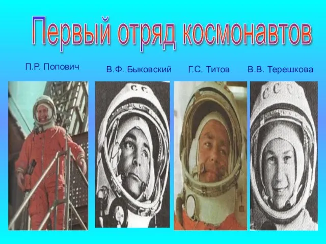Первый отряд космонавтов П.Р. Попович Г.С. Титов В.Ф. Быковский В.В. Терешкова