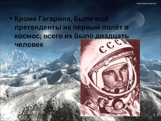 Кроме Гагарина, были ещё претенденты на первый полёт в космос; всего их было двадцать человек