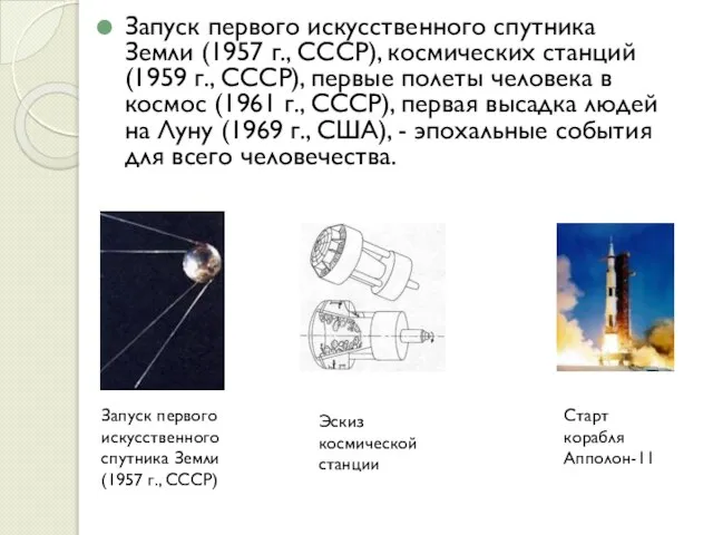 Запуск первого искусственного спутника Земли (1957 г., СССР), космических станций (1959 г.,