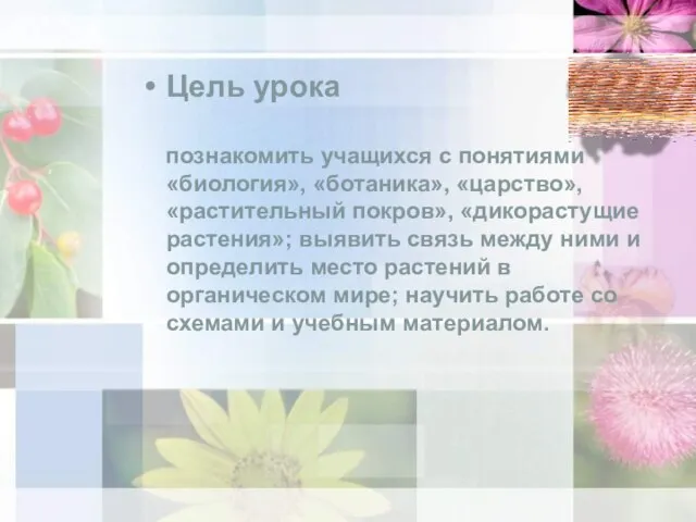 Цель урока познакомить учащихся с понятиями «биология», «ботаника», «царство», «растительный покров», «дикорастущие