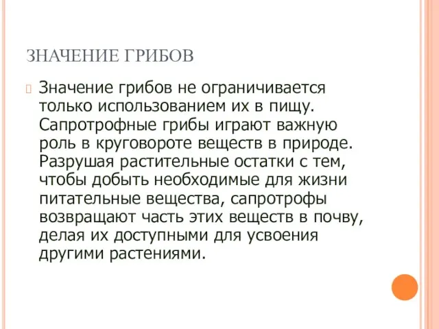 ЗНАЧЕНИЕ ГРИБОВ Значение грибов не ограничивается только использованием их в пищу. Сапротрофные