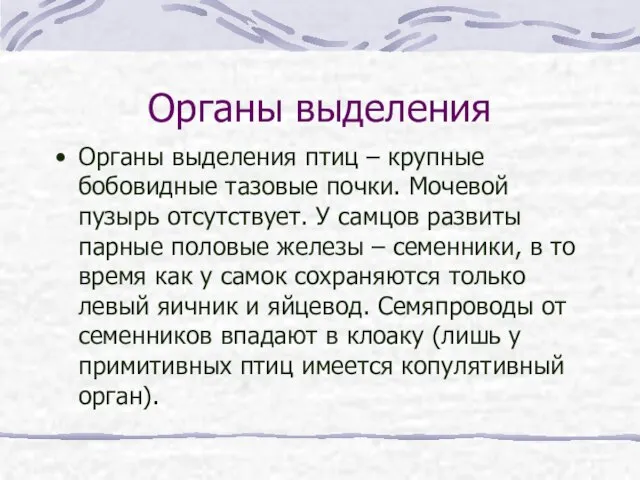 Органы выделения Органы выделения птиц – крупные бобовидные тазовые почки. Мочевой пузырь