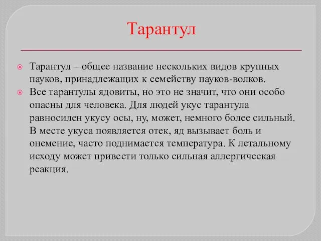 Тарантул Тарантул – общее название нескольких видов крупных пауков, принадлежащих к семейству