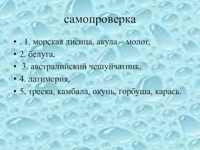 самопроверка . 1. морская лисица, акула – молот, 2. белуга, 3. австралийский