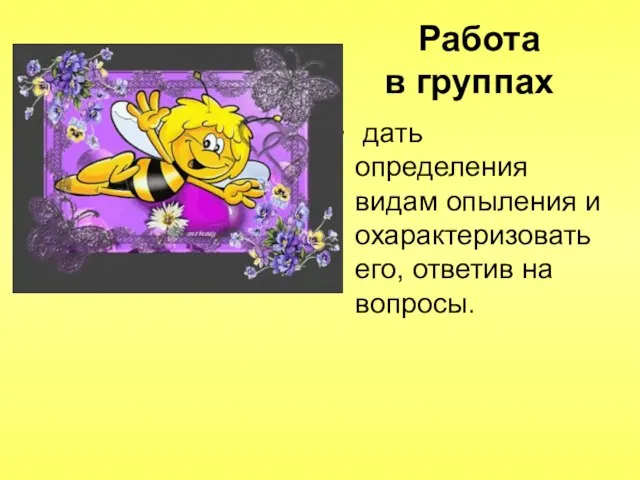 Работа в группах дать определения видам опыления и охарактеризовать его, ответив на вопросы.