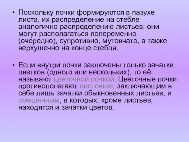 Поскольку почки формируются в пазухе листа, их распределение на стебле аналогично распределению