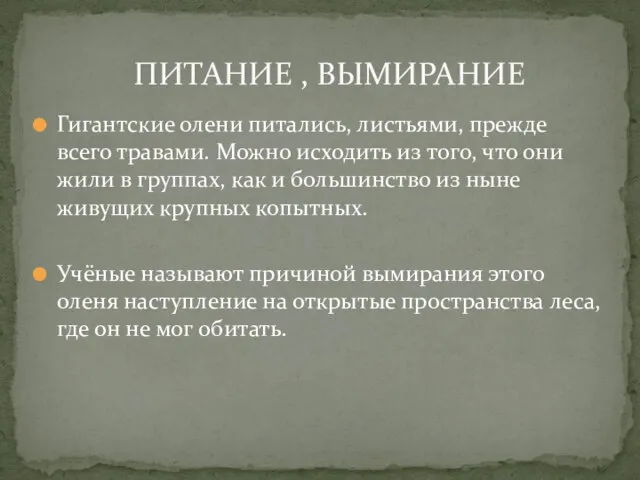 Гигантские олени питались, листьями, прежде всего травами. Можно исходить из того, что