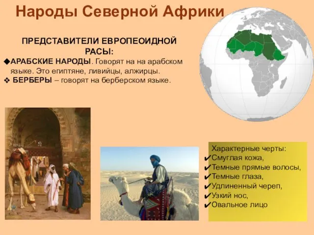 Народы Северной Африки ПРЕДСТАВИТЕЛИ ЕВРОПЕОИДНОЙ РАСЫ: АРАБСКИЕ НАРОДЫ. Говорят на на арабском