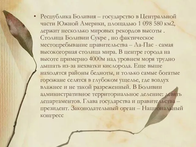 Республика Боливия – государство в Центральной части Южной Америки, площадью 1 098