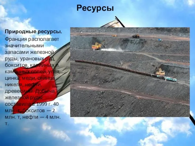 Ресурсы Природные ресурсы. Франция располагает значительными запасами железной руды, урановых руд, бокситов,