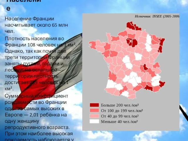 Население Население Франции насчитывает около 65 млн чел. Плотность населения во Франции