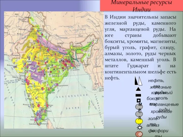 нефть, газ Au Cr бокситы железные руды алмазы Mn каменный уголь марганцевые