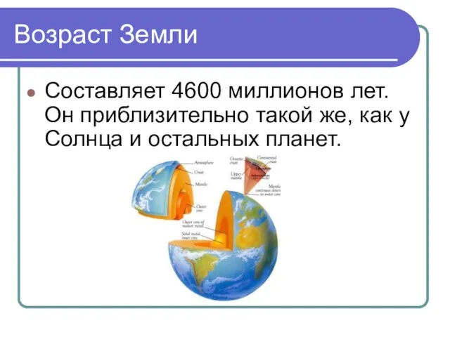 Возраст Земли Составляет 4600 миллионов лет. Он приблизительно такой же, как у Солнца и остальных планет.