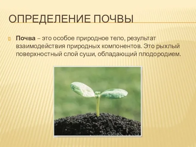 Определение почвы Почва – это особое природное тело, результат взаимодействия природных компонентов.