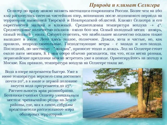 Природа и климат Селигера Селигер по праву можно назвать настоящим сокровищем России.