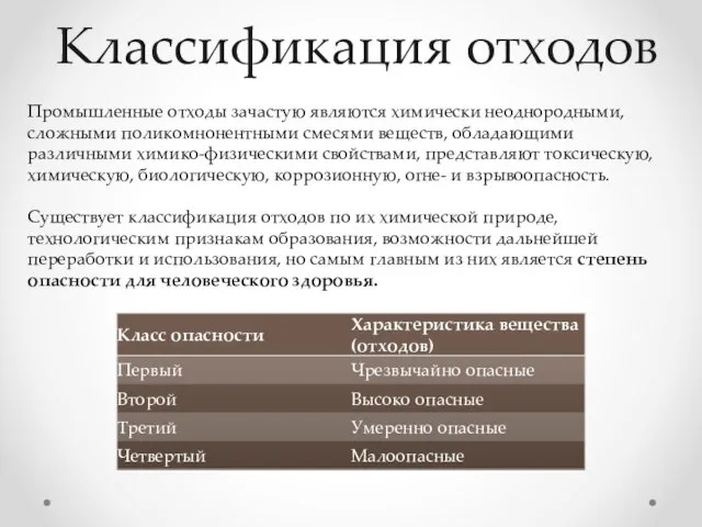 Классификация отходов Промышленные отходы зачастую являются химически неоднородными, сложными поликомнонентными смесями веществ,