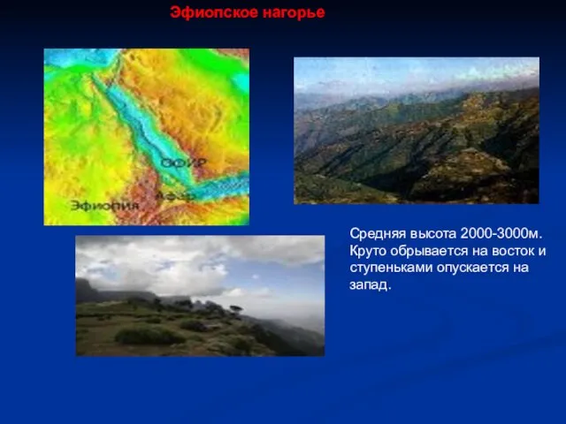 Эфиопское нагорье Средняя высота 2000-3000м. Круто обрывается на восток и ступеньками опускается на запад.