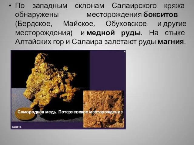 По западным склонам Салаирского кряжа обнаружены месторождения бокситов (Бердское, Майское, Обуховское и