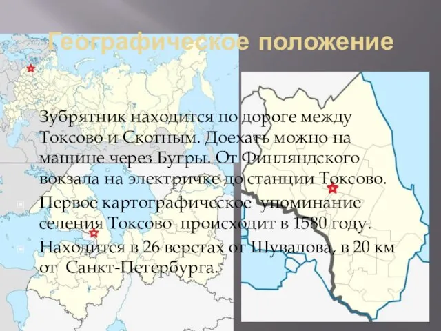 Географическое положение Зубрятник находится по дороге между Токсово и Скотным. Доехать можно