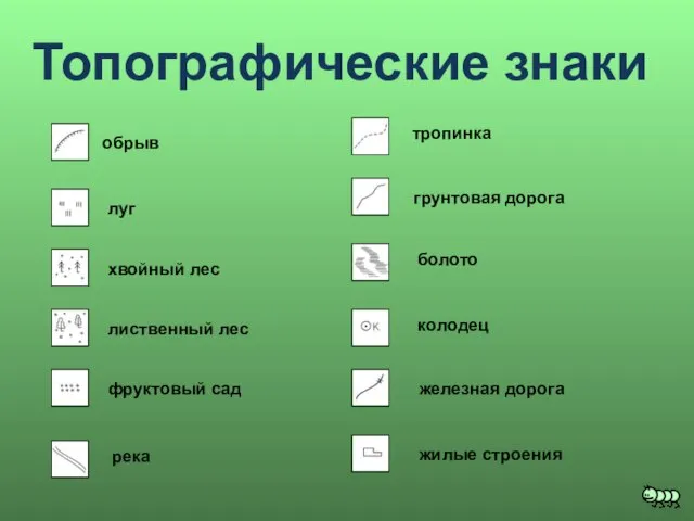 Топографические знаки луг обрыв хвойный лес лиственный лес фруктовый сад река тропинка