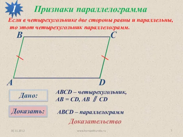 30.11.2012 www.konspekturoka.ru Признаки параллелограмма 1 Если в четырехугольнике две стороны равны и