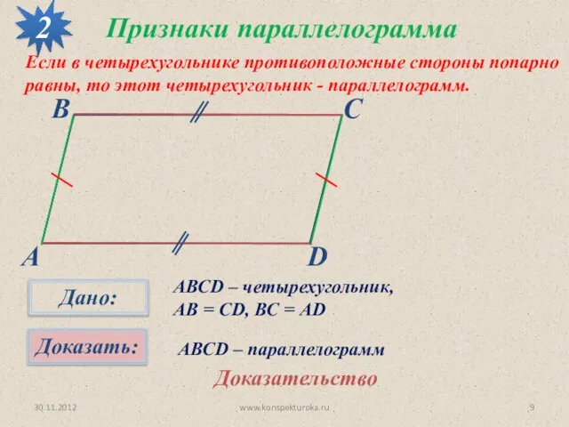 30.11.2012 www.konspekturoka.ru Признаки параллелограмма 2 Если в четырехугольнике противоположные стороны попарно равны,