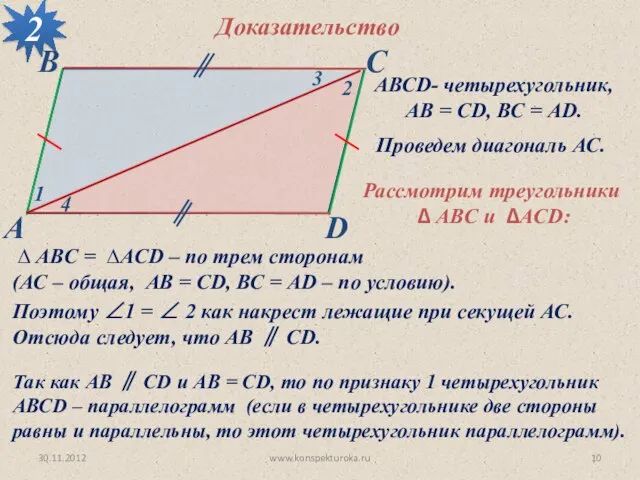 30.11.2012 www.konspekturoka.ru 2 АВСD- четырехугольник, АВ = CD, ВС = АD. Доказательство