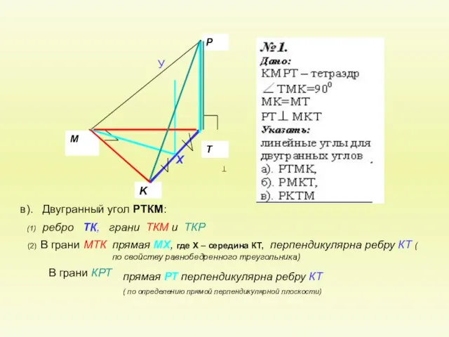 в). Двугранный угол РТКМ: В грани КРТ (2) В грани МТК (1)