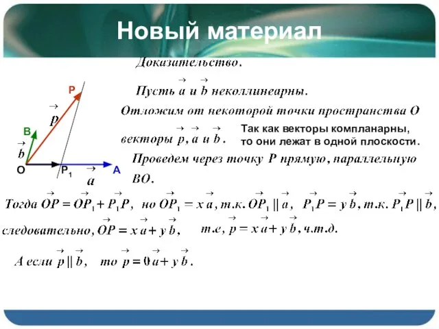 Новый материал О А В Р Р1 Так как векторы компланарны, то