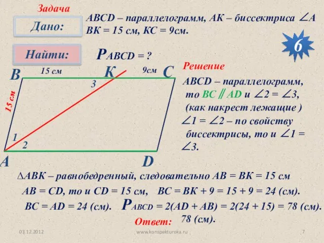 03.12.2012 www.konspekturoka.ru Задача 6 АВСD – параллелограмм, АК – биссектриса ∠А ВК