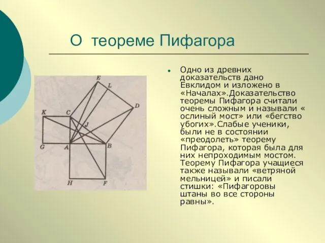 О теореме Пифагора Одно из древних доказательств дано Евклидом и изложено в