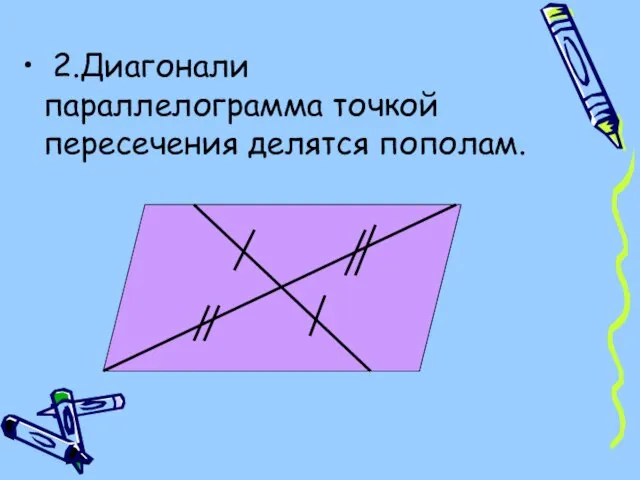 2.Диагонали параллелограмма точкой пересечения делятся пополам.