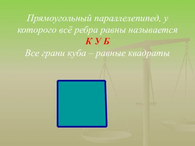 Прямоугольный параллелепипед, у которого всё ребра равны называется К У Б Все