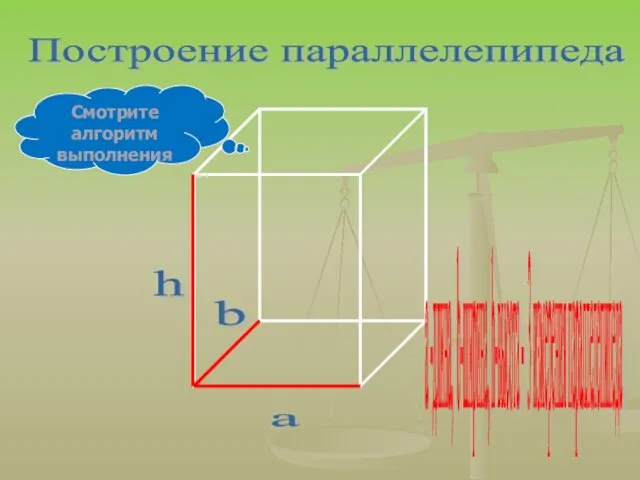 а h Построение параллелепипеда Смотрите алгоритм выполнения b a -длина, b-ширина, h-высота - 3 измерения параллелепипеда