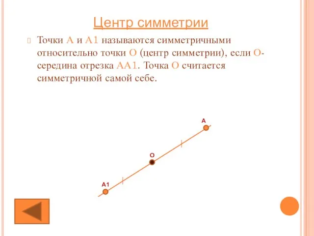 Точки А и А1 называются симметричными относительно точки О (центр симметрии), если