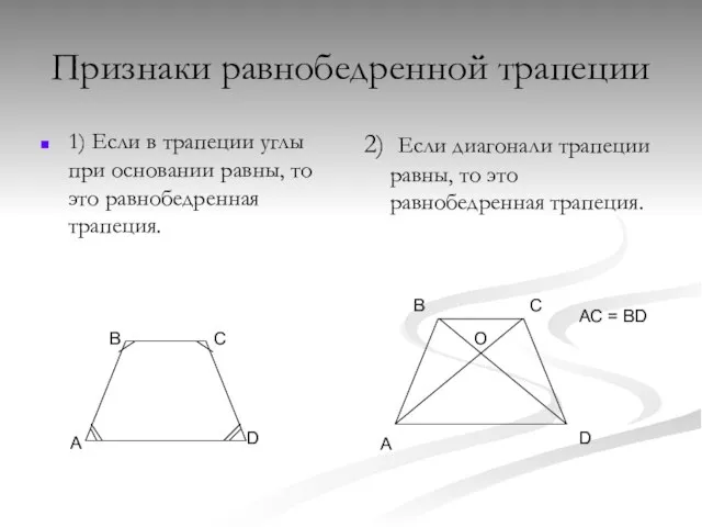 Признаки равнобедренной трапеции 1) Если в трапеции углы при основании равны, то