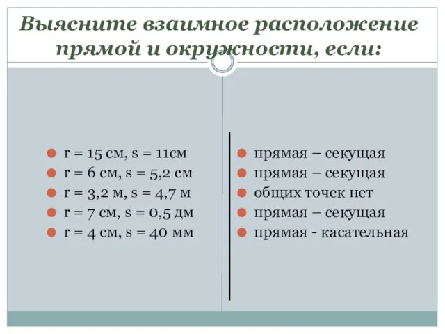 Выясните взаимное расположение прямой и окружности, если: r = 15 см, s