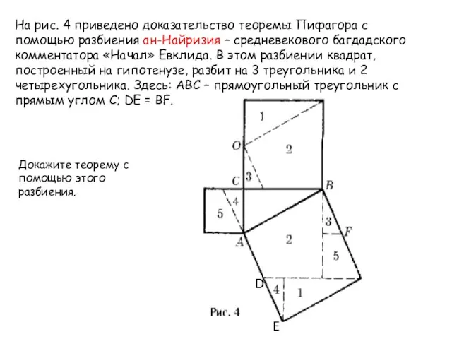 На рис. 4 приведено доказательство теоремы Пифагора с помощью разбиения ан-Найризия –