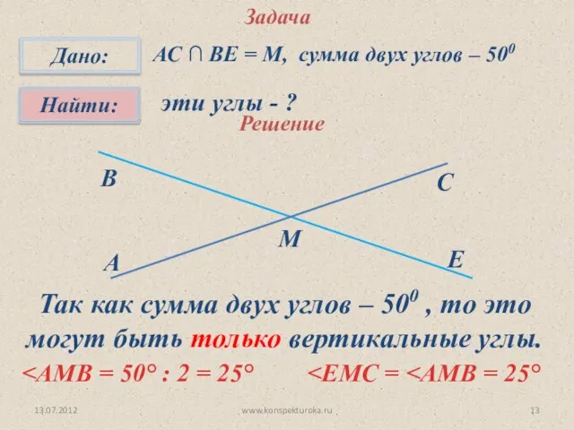 13.07.2012 www.konspekturoka.ru Задача эти углы - ? АС ∩ ВЕ = М,