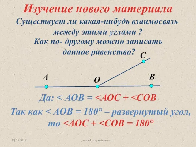 13.07.2012 www.konspekturoka.ru Да: Существует ли какая-нибудь взаимосвязь между этими углами ? Изучение