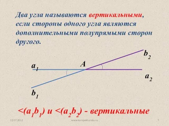 Два угла называются вертикальными, если стороны одного угла являются дополнительными полупрямыми сторон