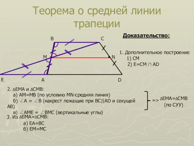 Теорема о средней линии трапеции A D B C Доказательство: Е 1.